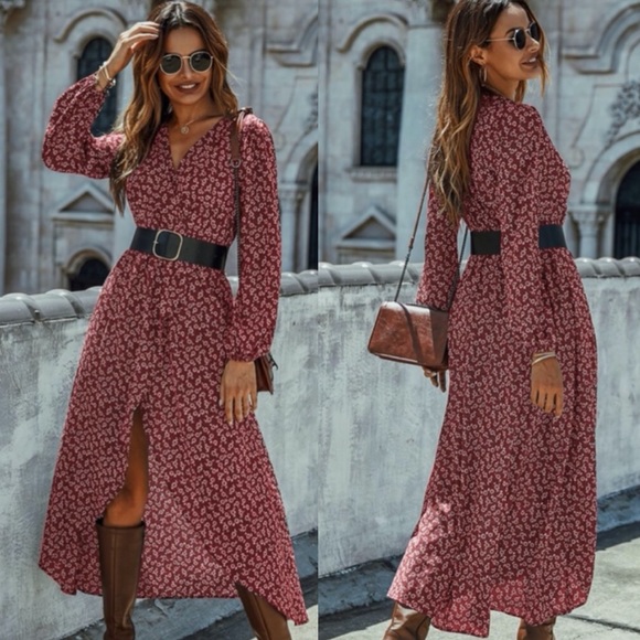 Boho Black Floral V neck Maxi Dress - Picture 3 of 5